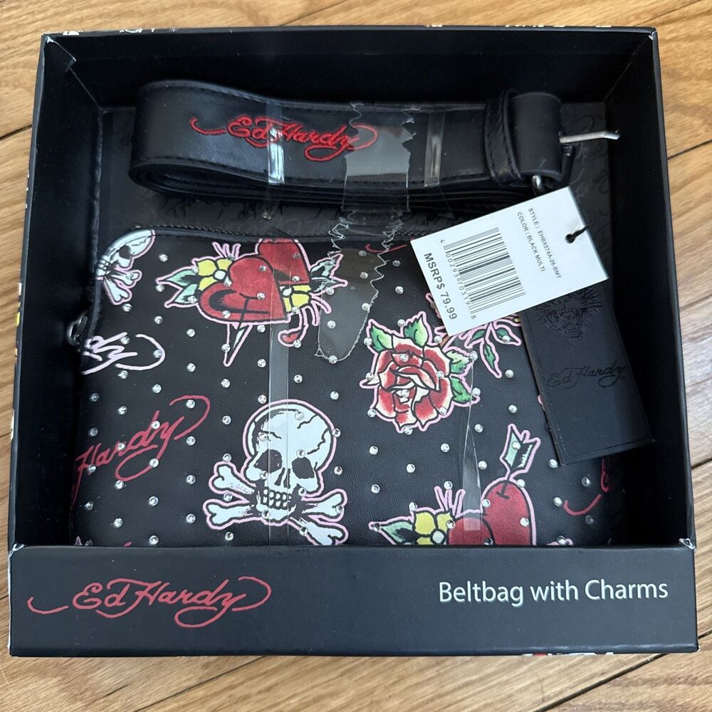 Ed Hardy Beltbag w/Charms Studded Tattoo Skull Hearts Roses NEW GIFT BOX $79.99